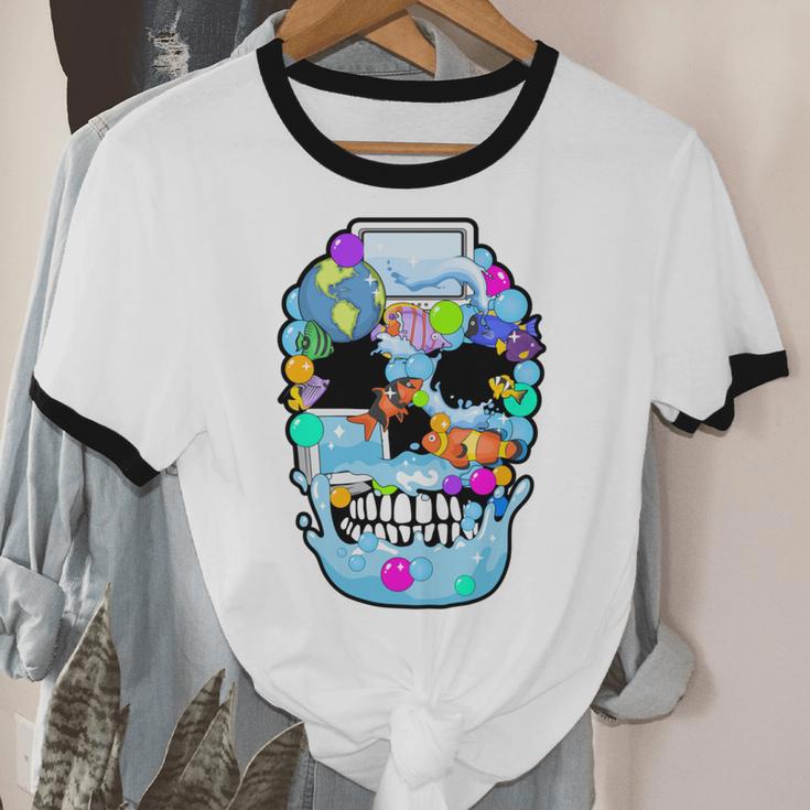 Frutiger Aero Aesthetic Tech Skull Computer Fishes Unisex Cotton Ringer T-Shirt