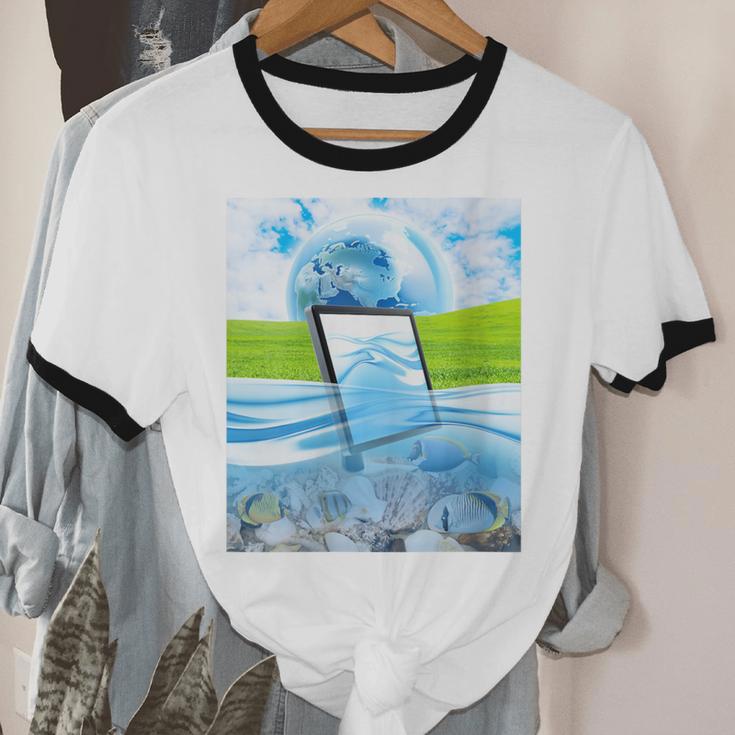 Frutiger Aero Aesthetic Tech Water Fishes Monitor Screen Unisex Cotton Ringer T-Shirt Frutiger Aero Aesthetic Tech Water Fishes Monitor Screen Unisex Cotton Ringer T-Shirt