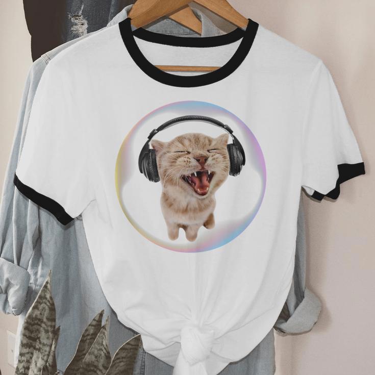 Frutiger Aero Cat Wearing Headphones Bubble 2000s Gen-Z Meme Unisex Cotton Ringer T-Shirt Frutiger Aero Cat Wearing Headphones Bubble 2000s Gen-Z Meme Unisex Cotton Ringer T-Shirt