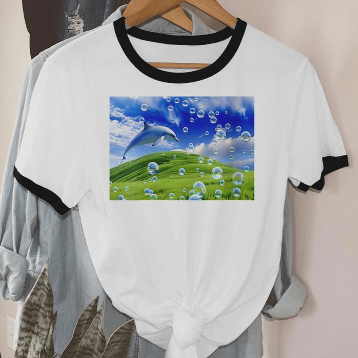 Frutiger Aero Dolphin Meadow Aesthetic Y2k 2000s Ironic Unisex Cotton Ringer T-Shirt