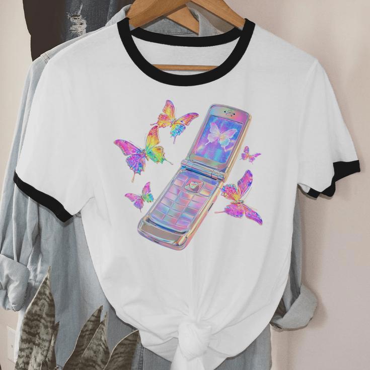 Frutiger Aero Y2K Chrome Phone Butterfly Unisex Cotton Ringer T-Shirt