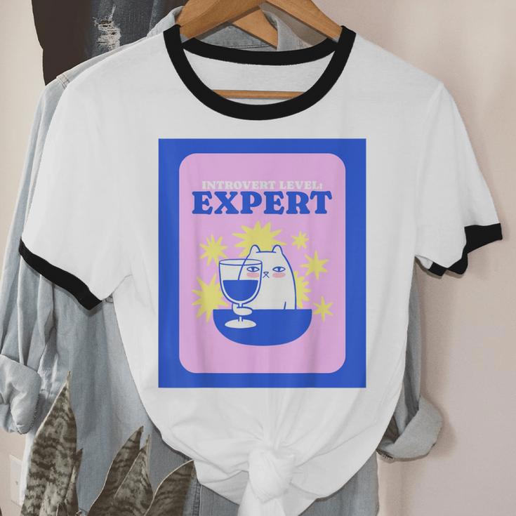 Fun Cute Introvert Cat Character With Wine Unisex Cotton Ringer T-Shirt