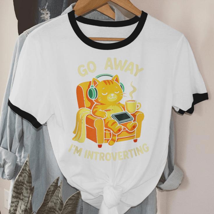 Go Away I'm Introverting Cat Coffee Headphones Unisex Cotton Ringer T-Shirt Go Away I'm Introverting Cat Coffee Headphones Unisex Cotton Ringer T-Shirt