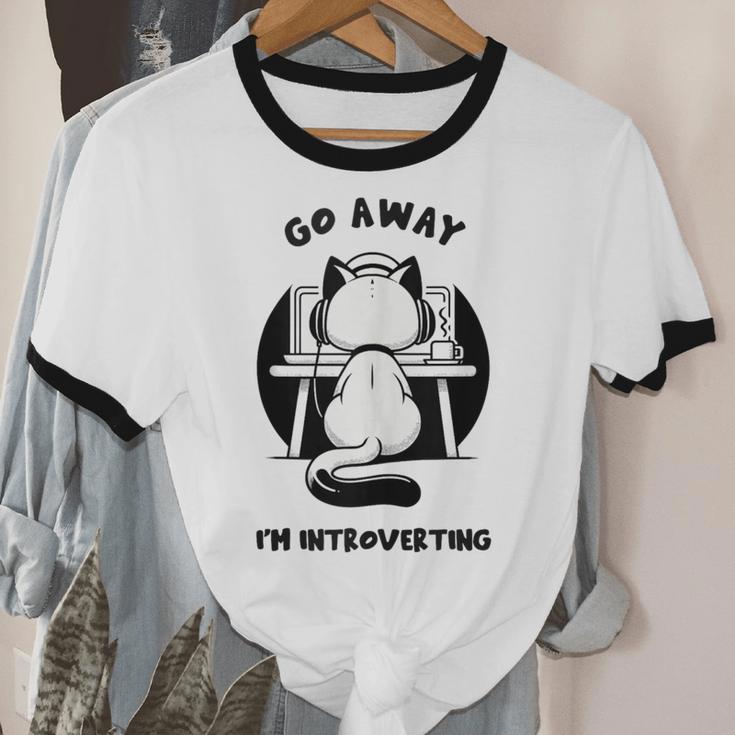 Go Away I'm Introverting Cat With Coffee Unisex Cotton Ringer T-Shirt Go Away I'm Introverting Cat With Coffee Unisex Cotton Ringer T-Shirt