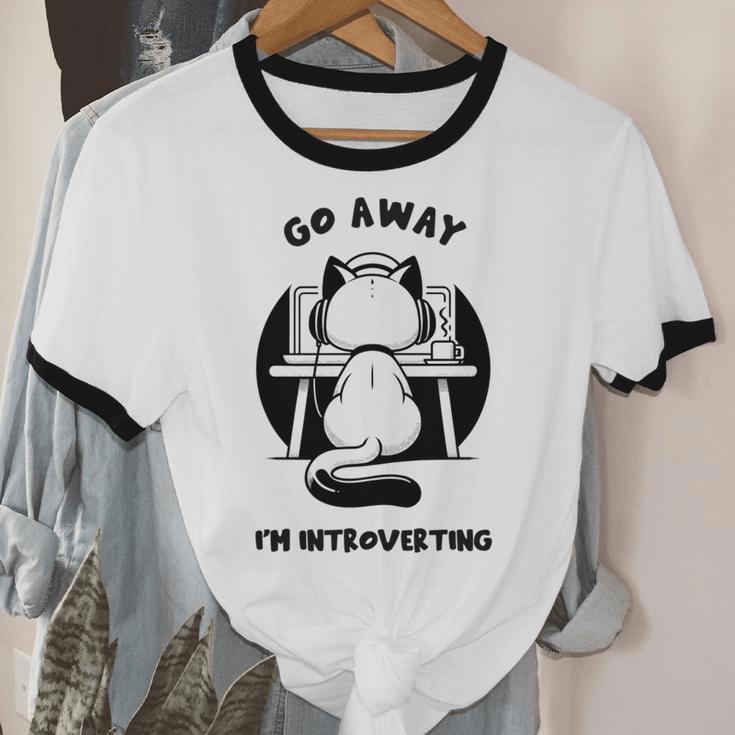 Go Away I'm Introverting Cat With Coffee Unisex Cotton Ringer T-Shirt
