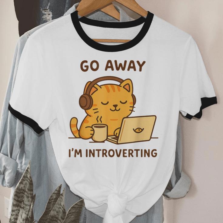 Go Away I'm Introverting Cozy Cat With Laptop And Coffee Unisex Cotton Ringer T-Shirt Go Away I'm Introverting Cozy Cat With Laptop And Coffee Unisex Cotton Ringer T-Shirt