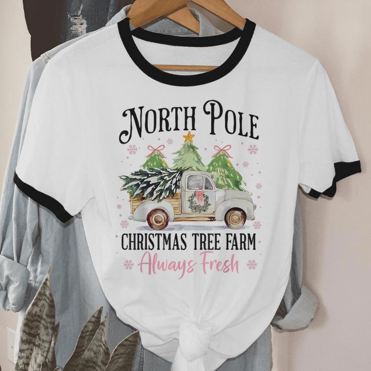 Holiday Scene Nostalgia North Pole Tree Farm Merry Christmas Unisex Cotton Ringer T-Shirt