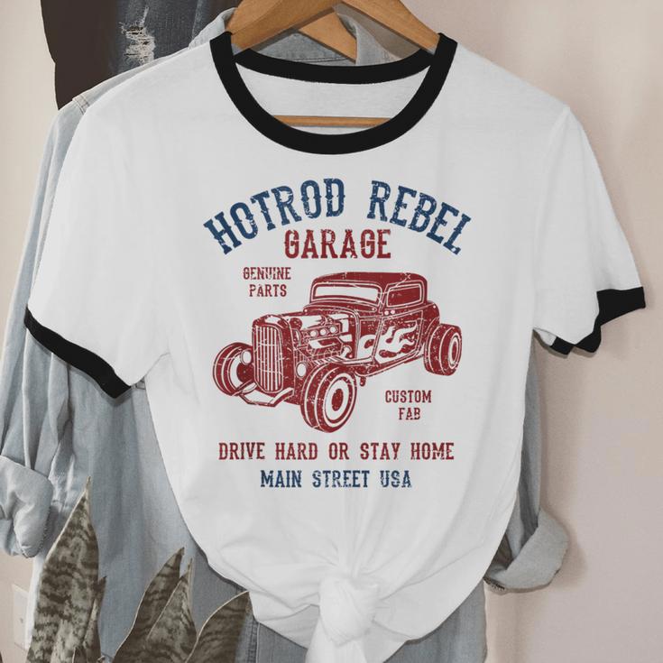 Hotrod Rebel Automotive Nostalgia Old Car Distressed Unisex Cotton Ringer T-Shirt