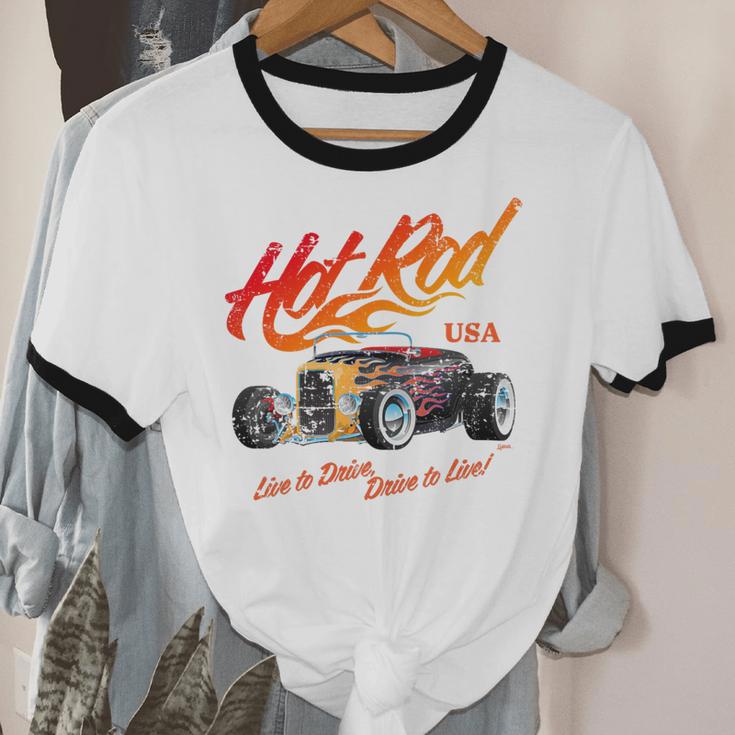 Hotrod Vintage Style Car Nostalgia Hotrod Distressed Premium Tri-Blend Unisex Cotton Ringer T-Shirt