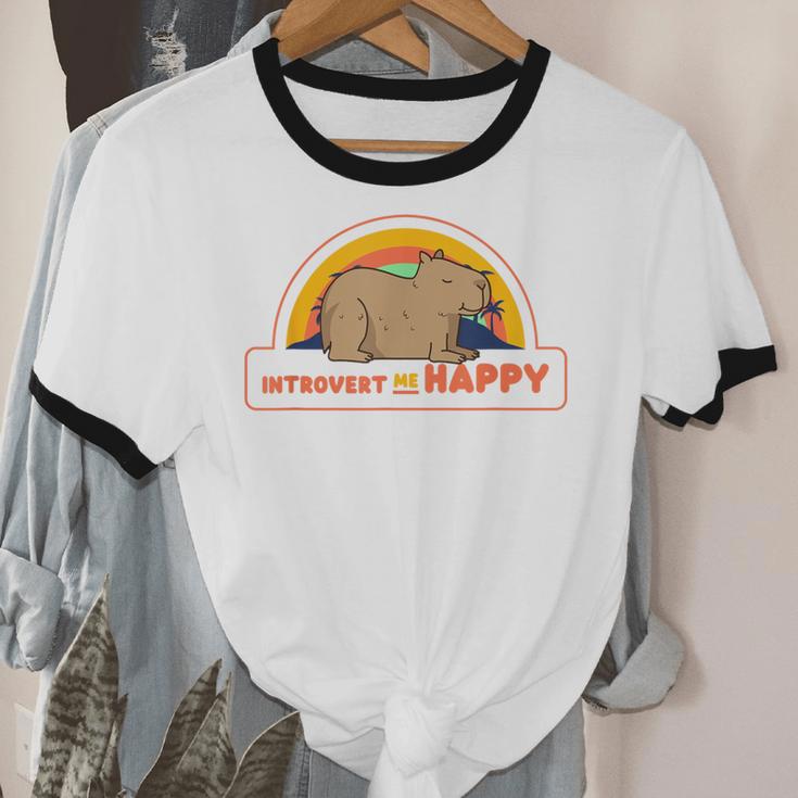 Introvert Me Happy Retro Sunset Capybara Tee Unisex Cotton Ringer T-Shirt