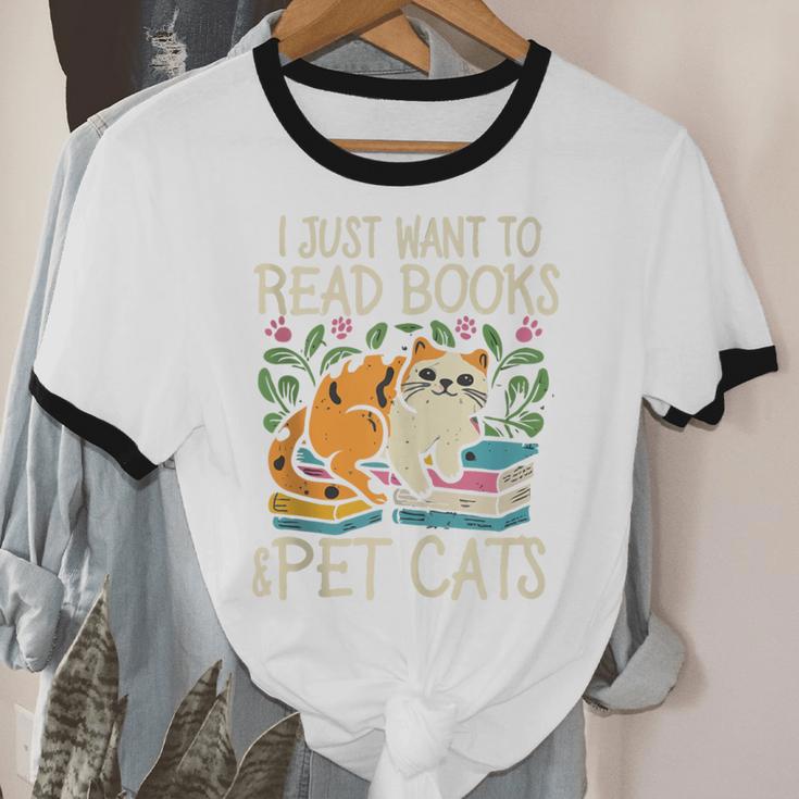 I Just Want To Read Books And Pet Cats Introvert Unisex Cotton Ringer T-Shirt