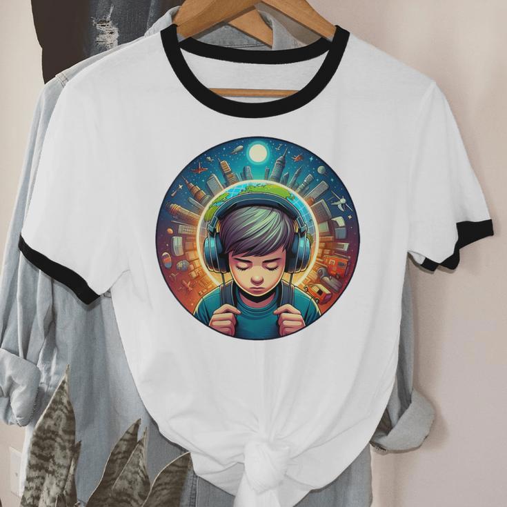 Music Enthusiast Under Starry Skies World Introvert Boy Unisex Cotton Ringer T-Shirt Music Enthusiast Under Starry Skies World Introvert Boy Unisex Cotton Ringer T-Shirt