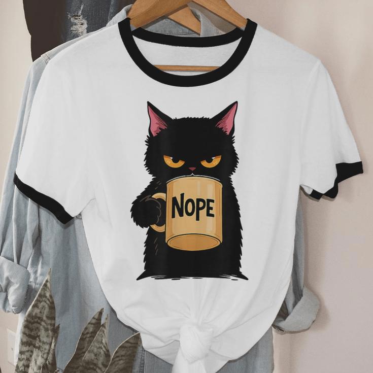 Nope Coffee Cat – Introvert Humor Monday Kitty Unisex Cotton Ringer T-Shirt