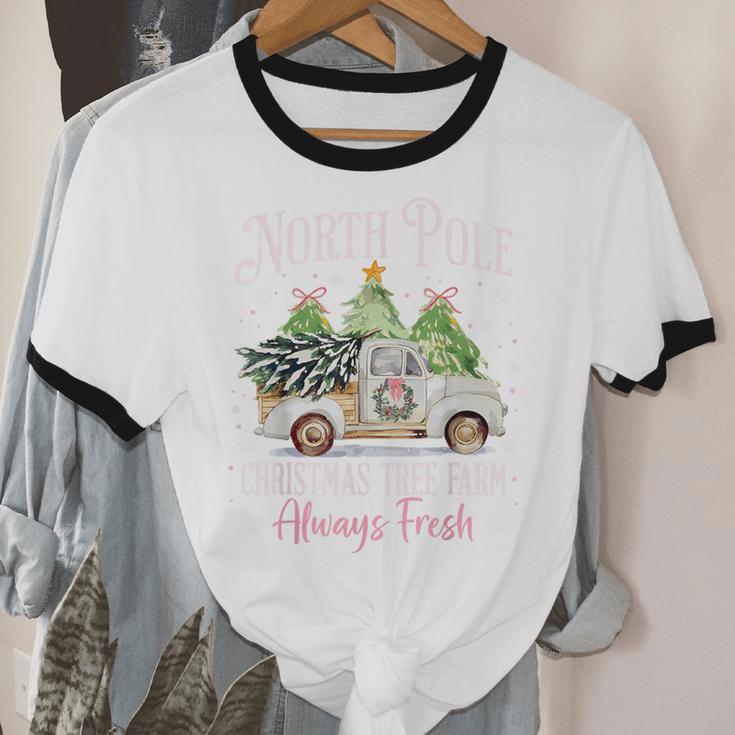 North Pole Tree Farm Merry Christmas Holiday Scene Nostalgia Unisex Cotton Ringer T-Shirt