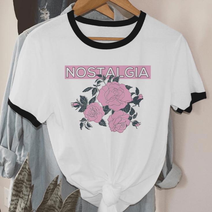 Nostalgia 80s 90s Retro Style Graphics Rose Pink Flower Unisex Cotton Ringer T-Shirt