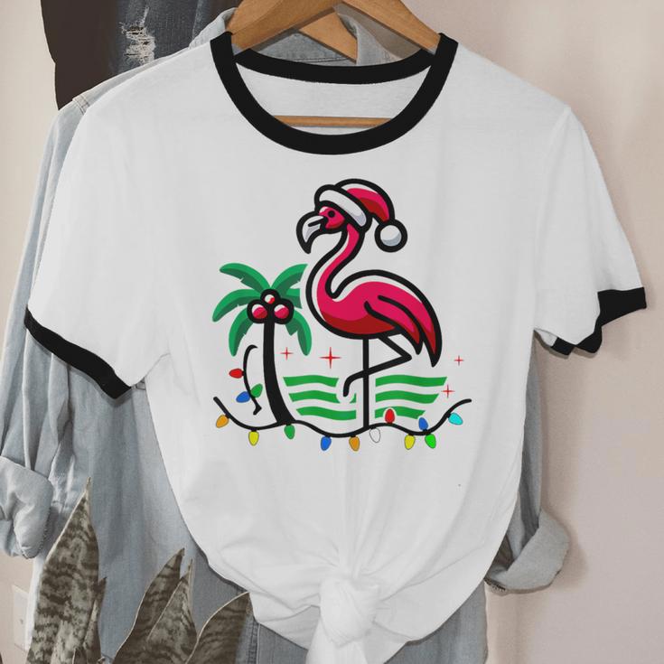 Nostalgia Holiday Tees -Adult Christmas Flamingo Small Short Sleeve Crew Neck Cotton Polyester Lightweight Ribbed Cuff Winter Unisex Cotton Ringer T-Shirt