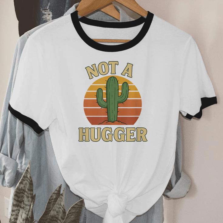 Not A Hugger Cactus Retro Sunset No Hugging Introvert Unisex Cotton Ringer T-Shirt