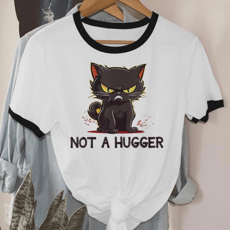 Not A Hugger Tee Angry Cat Sarcastic Cute Introvert Unisex Cotton Ringer T-Shirt