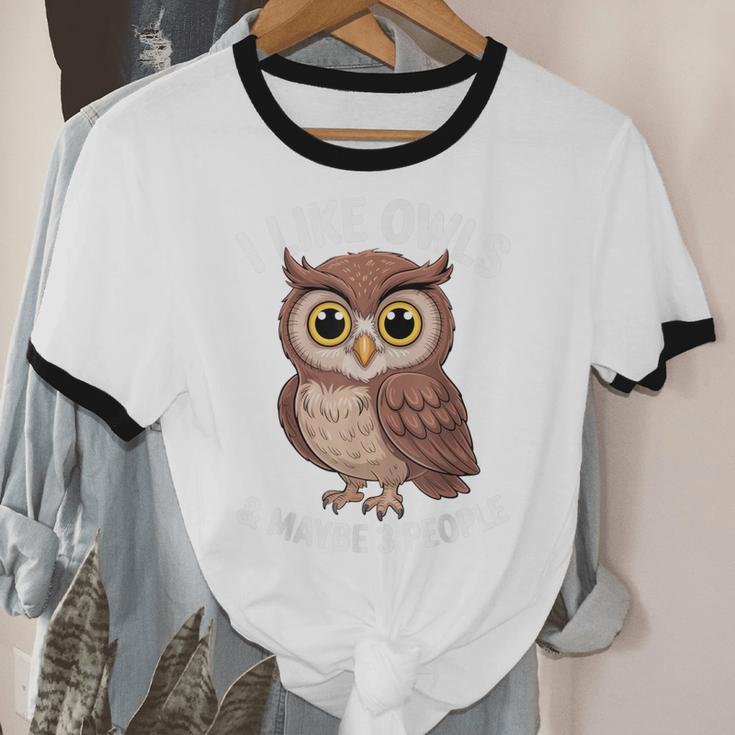I Like Owls And Maybe 3 People Introvert Humor Casual Unisex Cotton Ringer T-Shirt