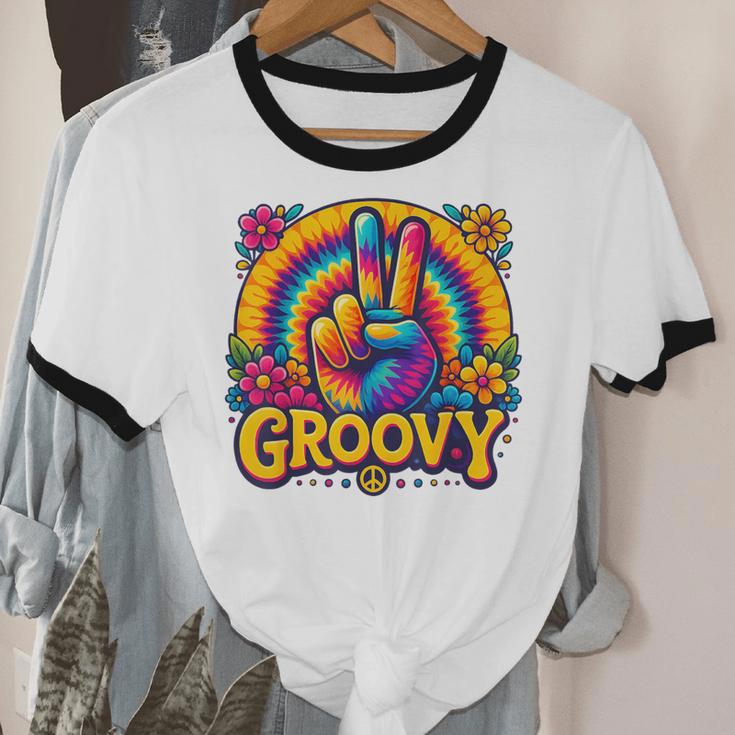 Peace Sign Groovy Vibes Costume Nostalgia Tie Dye Fashion Unisex Cotton Ringer T-Shirt