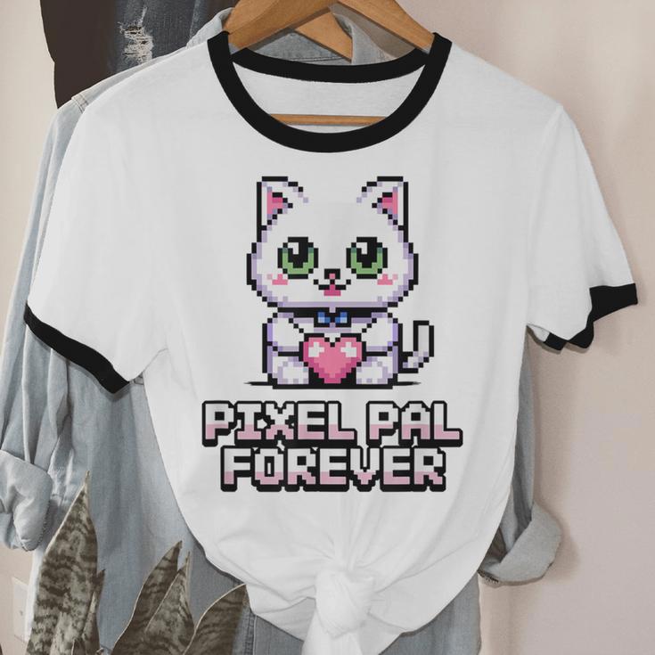 Pixel Art Pet Cat Y2K Retro Vintage Digital Nostalgia Tech Unisex Cotton Ringer T-Shirt
