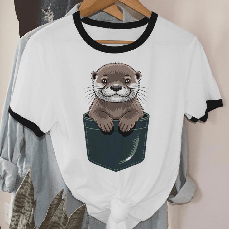 Pocket Otter Lover Introvert Cute Animal Fun Surprise Unisex Cotton Ringer T-Shirt