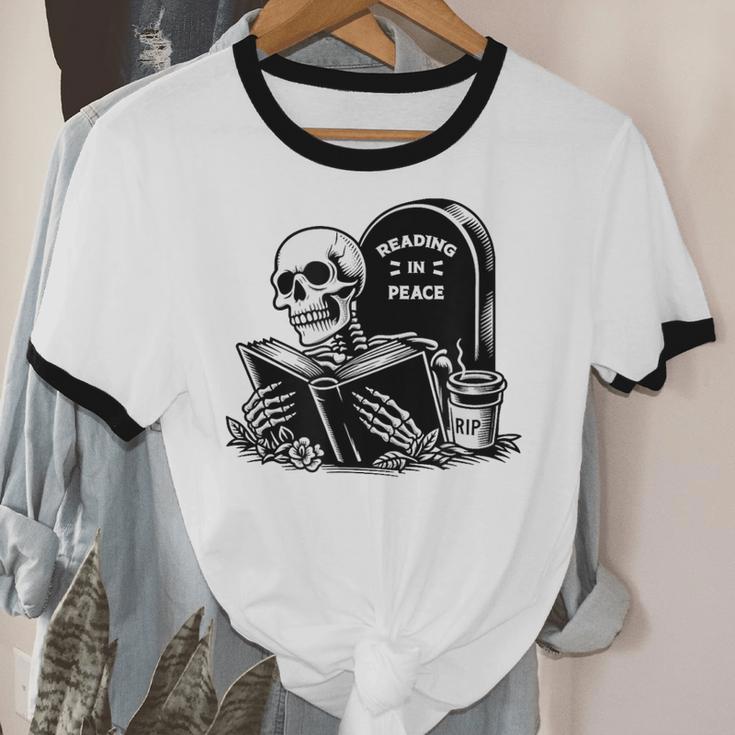 READING IN PEACE RIP Introvert Skeleton Read Book Meme Unisex Cotton Ringer T-Shirt READING IN PEACE RIP Introvert Skeleton Read Book Meme Unisex Cotton Ringer T-Shirt