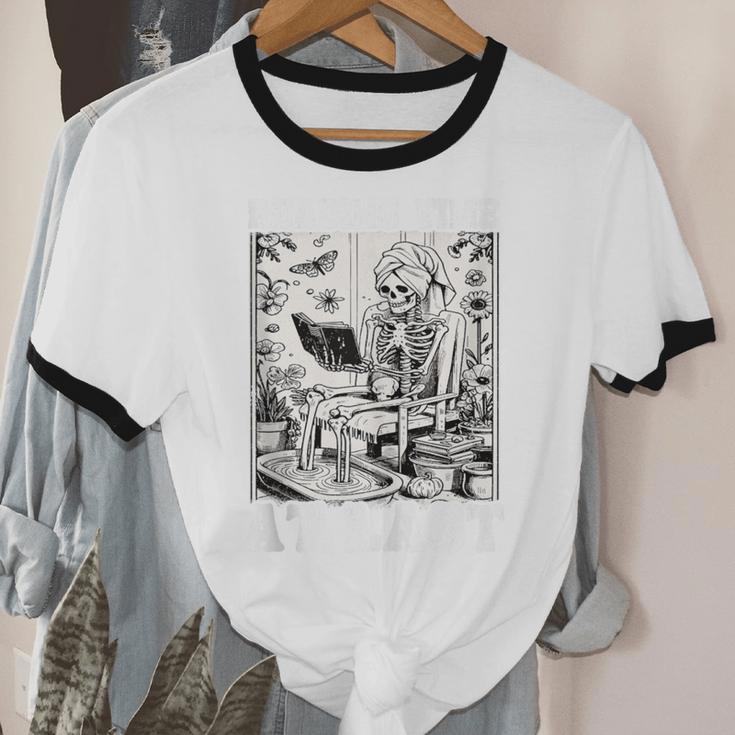 Reading Time At Last Book Lover Introvert Skeleton Reading Unisex Cotton Ringer T-Shirt