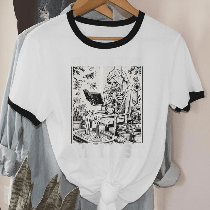 Reading Time At Last Book Lover Introvert Skeleton Reading Unisex Cotton Ringer T-Shirt