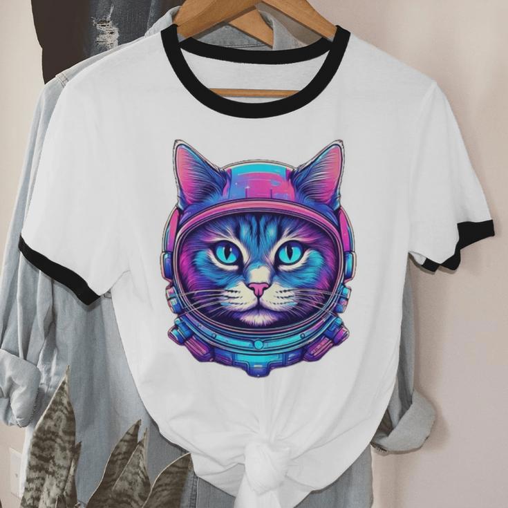 Retro 80s Cat In Space Suit Nostalgia Cat Vintage Astronaut Unisex Cotton Ringer T-Shirt