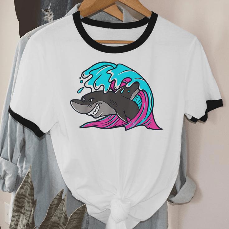 Retro 80s Shark Whale Diving Nostalgia Shark Party Unisex Cotton Ringer T-Shirt