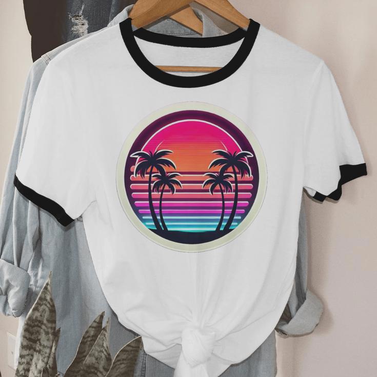 Retro 80s Synthwave Sunset & Palm Trees Retro Nostalgia 80s Unisex Cotton Ringer T-Shirt