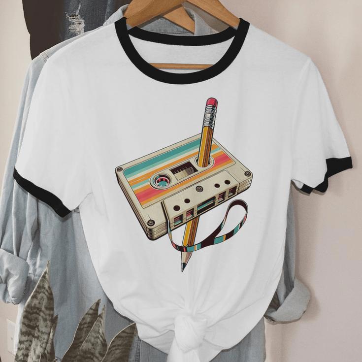 Retro Cassette Tape & Pencil Rewind Nostalgia Party 80s 90s Premium Unisex Cotton Ringer T-Shirt
