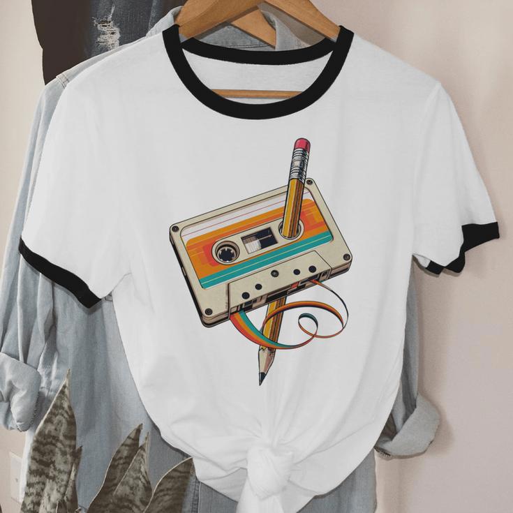 Retro Cassette Tape & Pencil Rewind Nostalgia Party 80s 90s Unisex Cotton Ringer T-Shirt