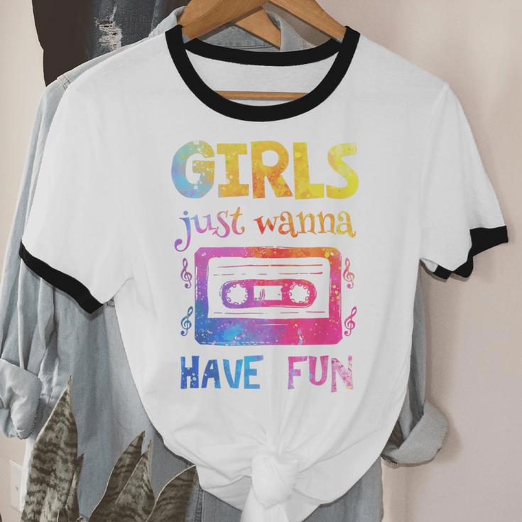 Retro Girls Just Wanna Have Fun Nostalgia 1980s 80's Premium Tri-Blend Unisex Cotton Ringer T-Shirt