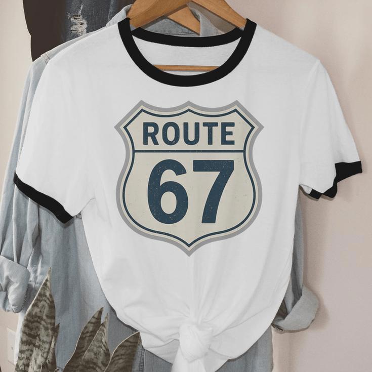 Retro Route 67 Highway Sign Vintage Road Nostalgia Premium Tri-Blend Unisex Cotton Ringer T-Shirt