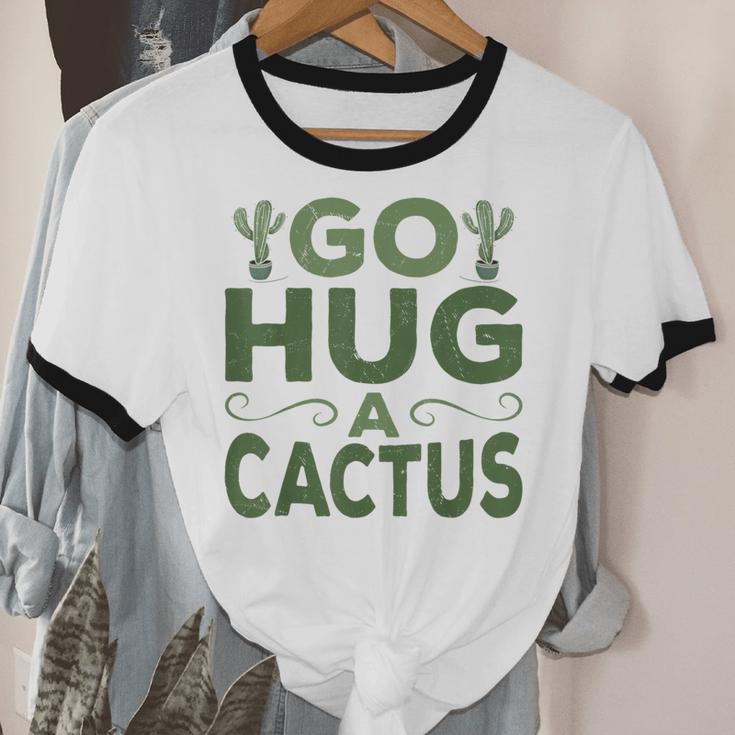 Sassy Saying Go Hug Cactus Introverts Sassy Quote No Hugs Unisex Cotton Ringer T-Shirt