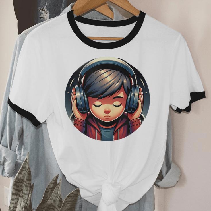 Serene Music Enthusiast With Headphones Introvert Cute Boy Unisex Cotton Ringer T-Shirt