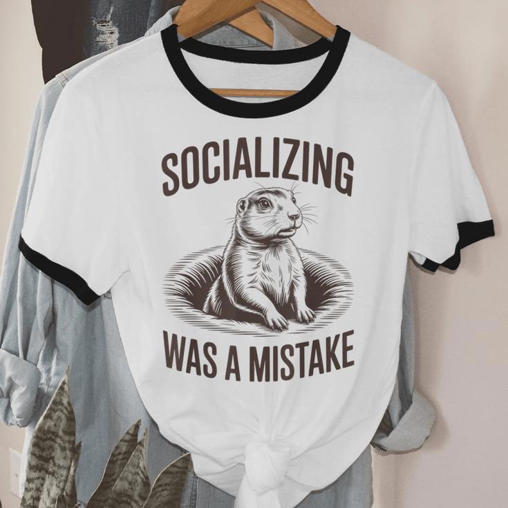 Socializing Was a Mistake Prairie Dog Introverts Humor Unisex Cotton Ringer T-Shirt
