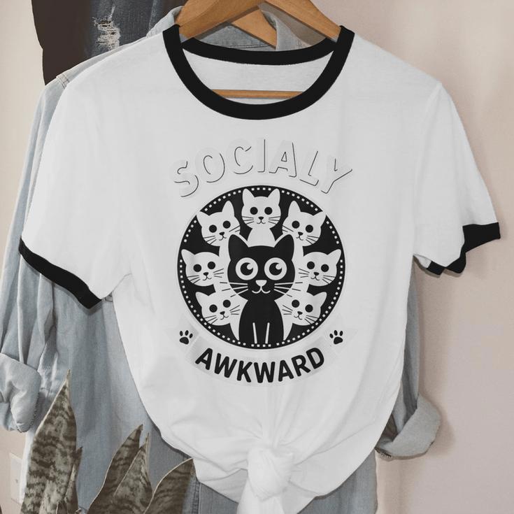 Socially Awkward Cute Introvert Cat Meme Anti-Social Club Unisex Cotton Ringer T-Shirt