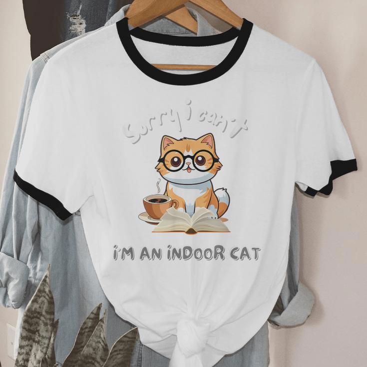 Sorry I Can't Indoor Cat Top For Introvert With Coffee Book For Men Women Kids Unisex Cotton Ringer T-Shirt