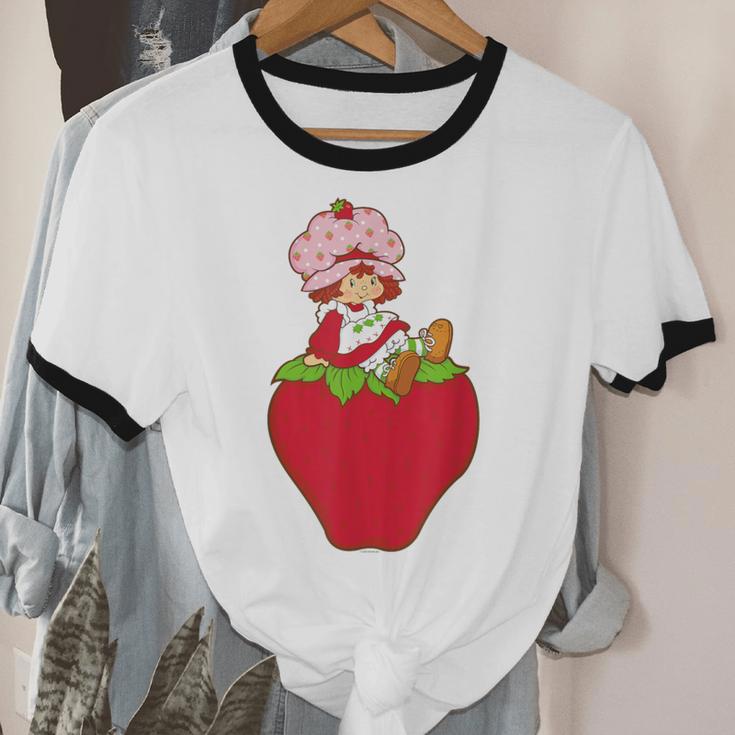 Strawberry Shortcake Sitting On Strawberry Retro Nostalgia Unisex Cotton Ringer T-Shirt