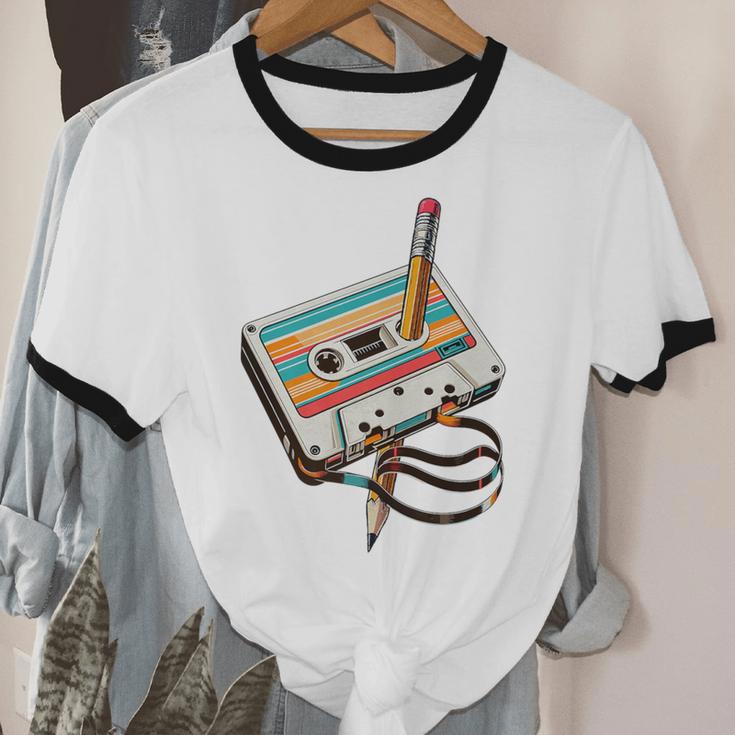Vintage Cassette Tape And Pencil Nostalgia Party 70s 80s 90s Premium Unisex Cotton Ringer T-Shirt