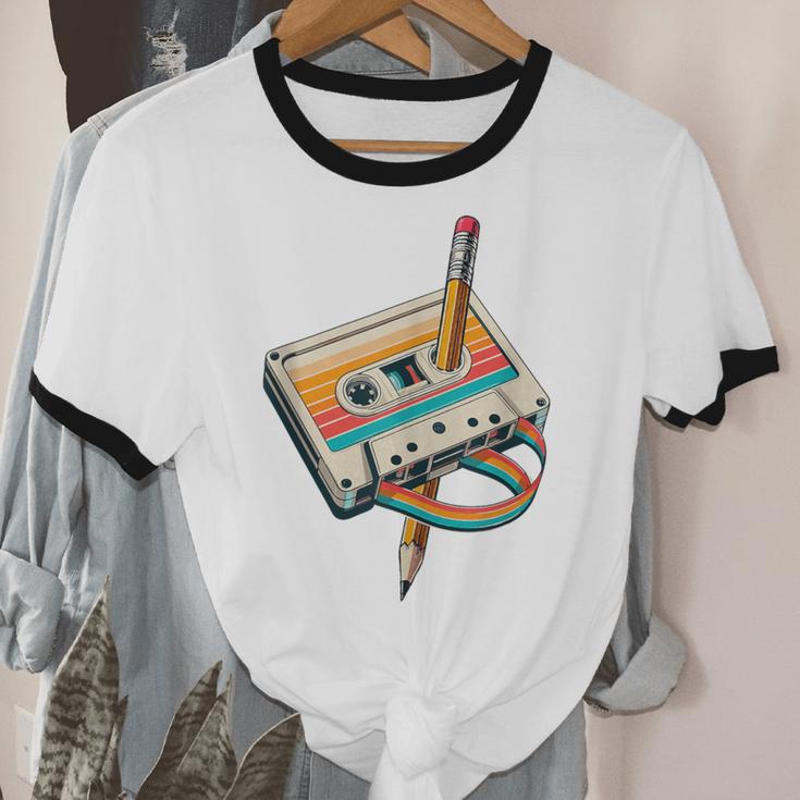 Vintage Pencil Rewind Cassette Tape Nostalgia Party 80s 90s Unisex Cotton Ringer T-Shirt