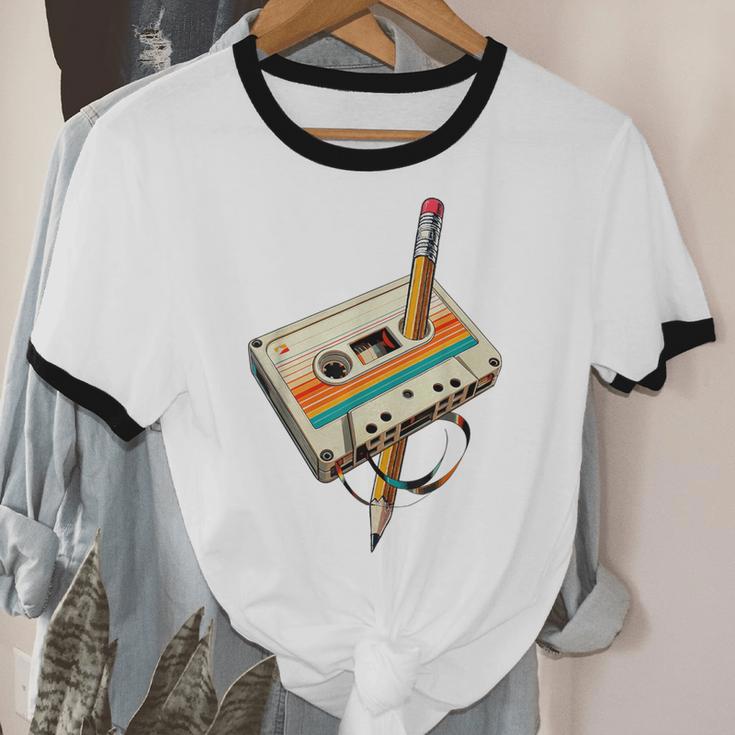 Vintage Pencil Rewind Cassette Tape Nostalgia Party 80s 90s Unisex Cotton Ringer T-Shirt