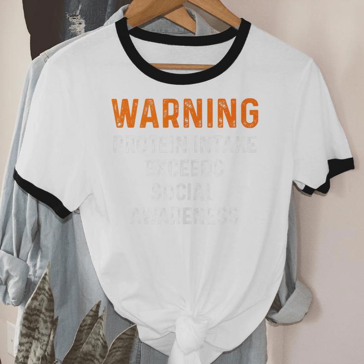 Warning Protein Intake Exceeds Social Awareness Introvert Unisex Cotton Ringer T-Shirt Warning Protein Intake Exceeds Social Awareness Introvert Unisex Cotton Ringer T-Shirt