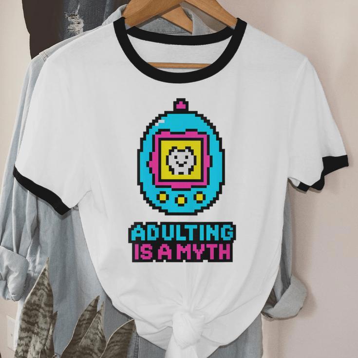 Women's Adulting Is A Myth Retro Pixel Pet Nostalgia Millennials Unisex Cotton Ringer T-Shirt
