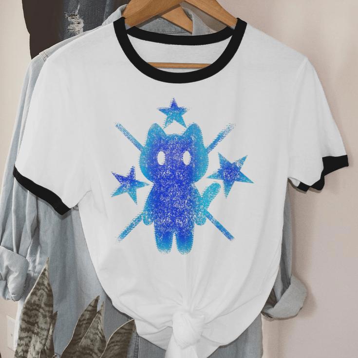 Yk2 Grunge Earthy Blue Cat With Stars Tomboy 90s Nostalgia Premium Tri-Blend Unisex Cotton Ringer T-Shirt