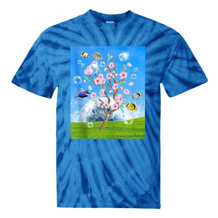 Frutiger Aero Aesthetic Tech Cherry Blossom Fishes Bubbles Tie-Dye T-Shirts