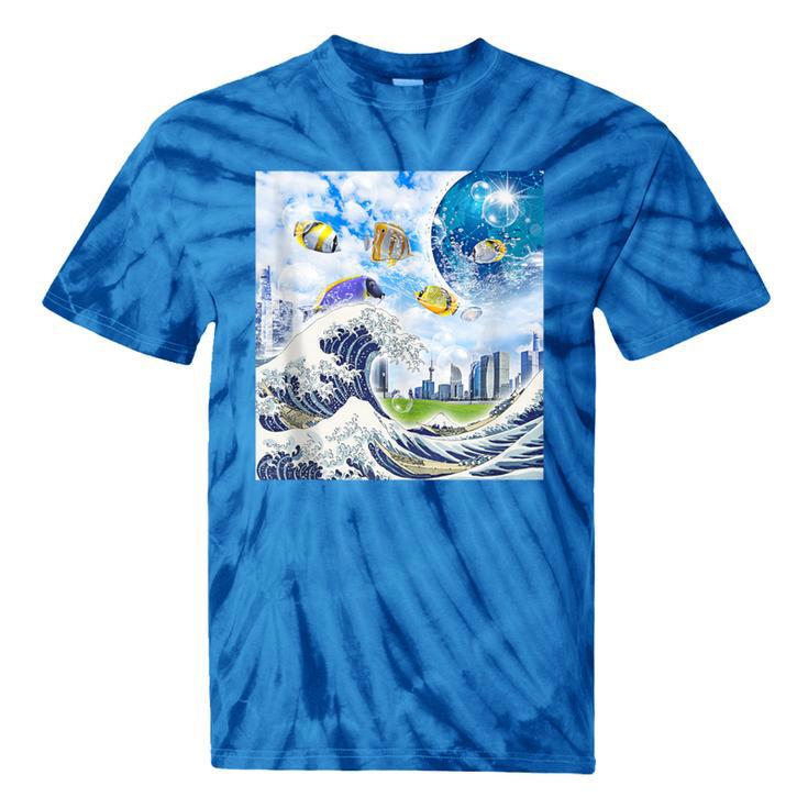 Frutiger Aero Aesthetic Tech Great Wave Of Kanagawa Fishes Tie-Dye T-Shirts